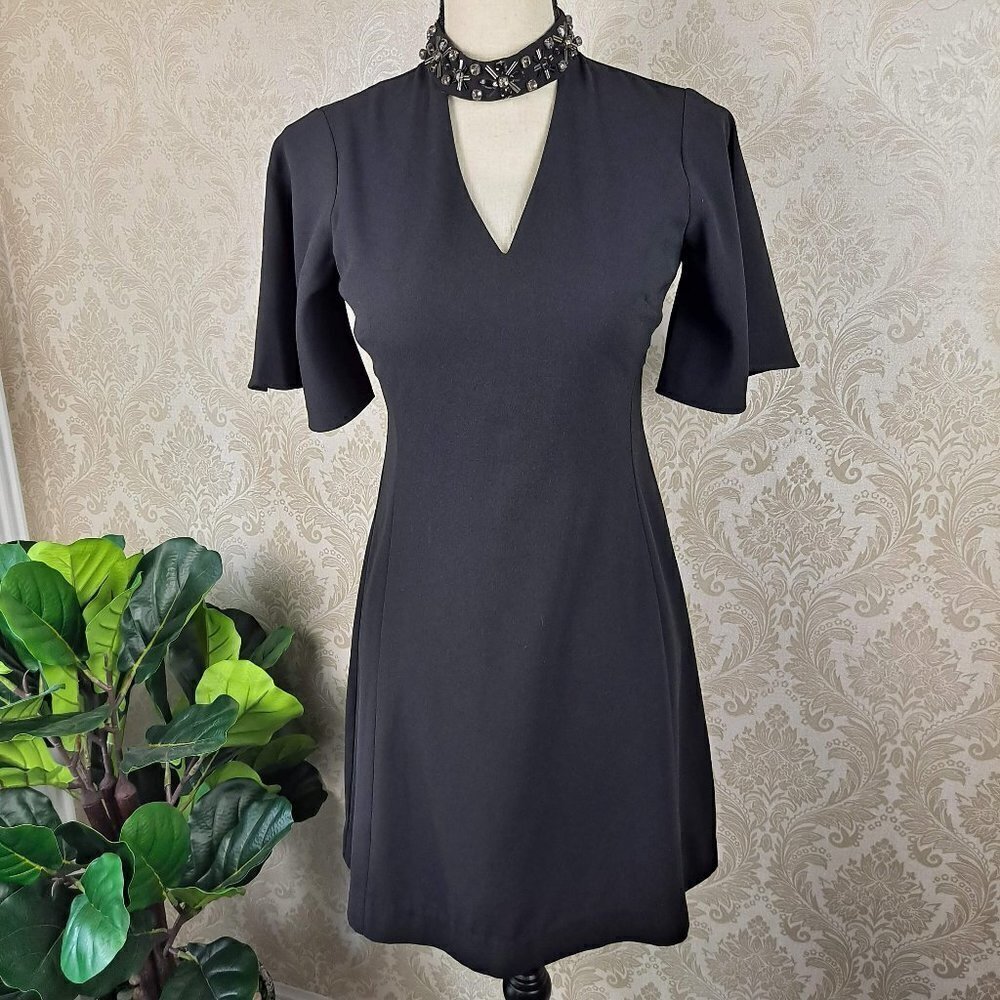 Ann Taylor Petite Size 0P Black Fit & Flare Dress Embellished Choker Collar NWOT